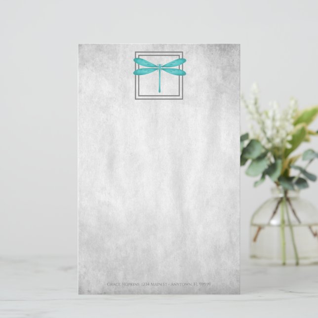 Teal Dragonfly Personalized Stationery (Standing Front)