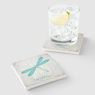 Teal Dragonfly Personalized Stone Coaster