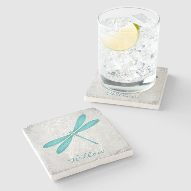 Teal Dragonfly Personalized Stone Coaster (Side)