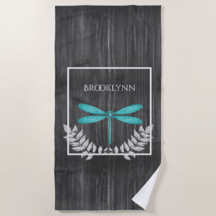 Teal Dragonfly Rustic Beach Towel