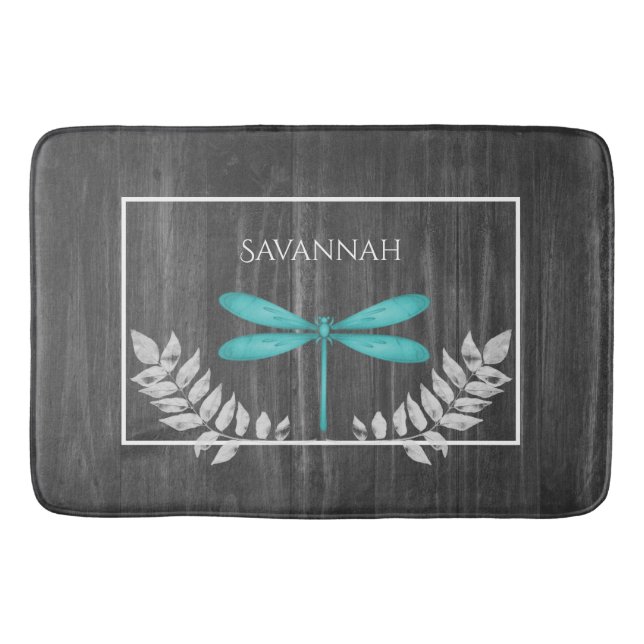 Teal Dragonfly Rustic Personalized Bath Mat (Front)