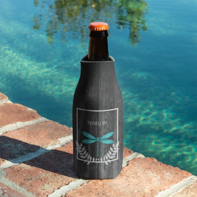 Teal Dragonfly Rustic Personalized Bottle Cooler (In Situ Pool)