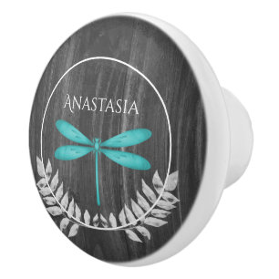 Teal Dragonfly Rustic Personalized Ceramic Knob