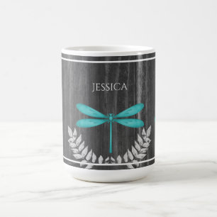 Teal Dragonfly Rustic Personalized Coffee Mug