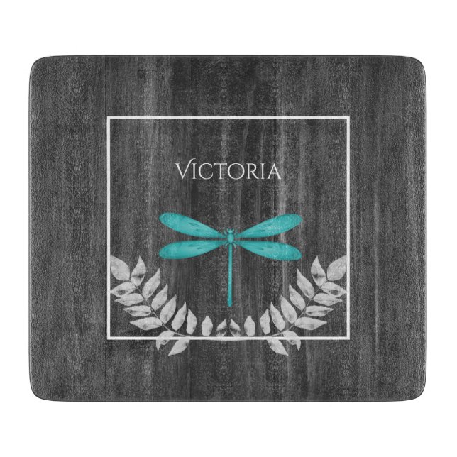 Teal Dragonfly Rustic Personalized Cutting Board (Front)