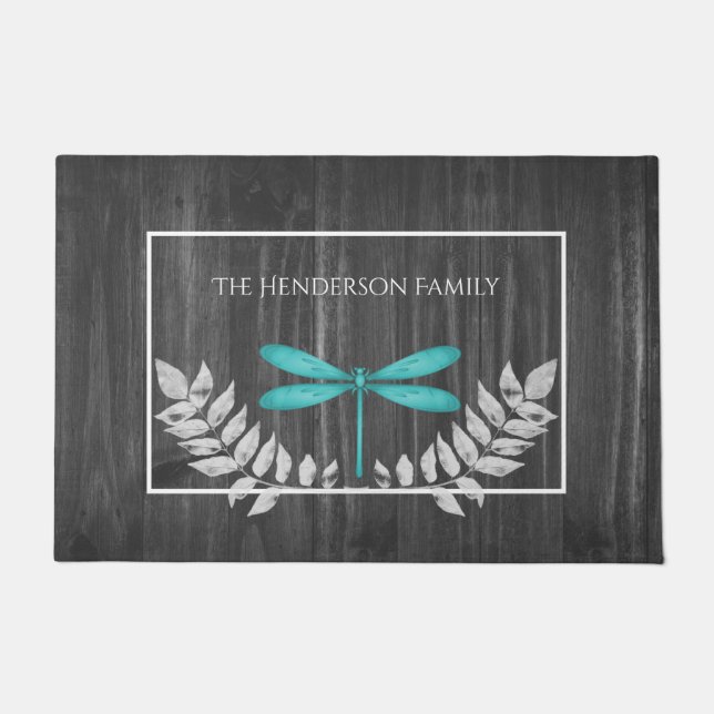Teal Dragonfly Rustic Personalized Doormat (Front)