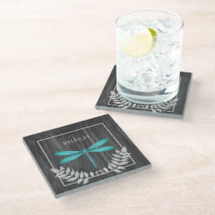 Teal Dragonfly Rustic Personalized Glass Coaster