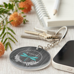 Teal Dragonfly Rustic Personalized Keychain