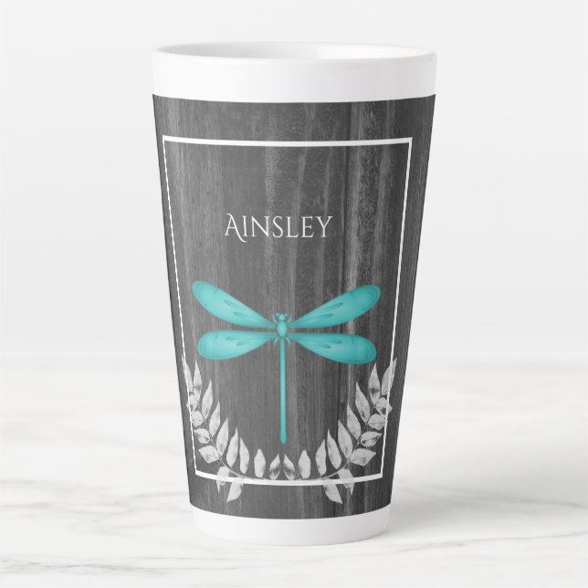 Teal Dragonfly Rustic Personalized Latte Mug (Front)