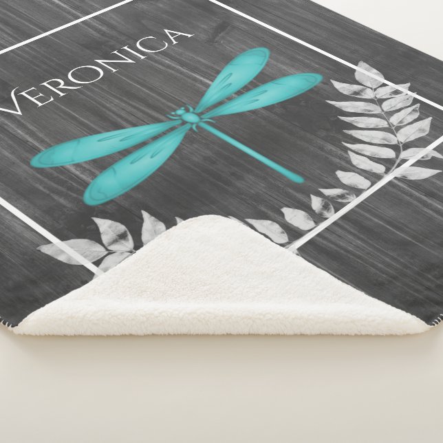 Teal Dragonfly Rustic Personalized Sherpa Blanket (3/4)