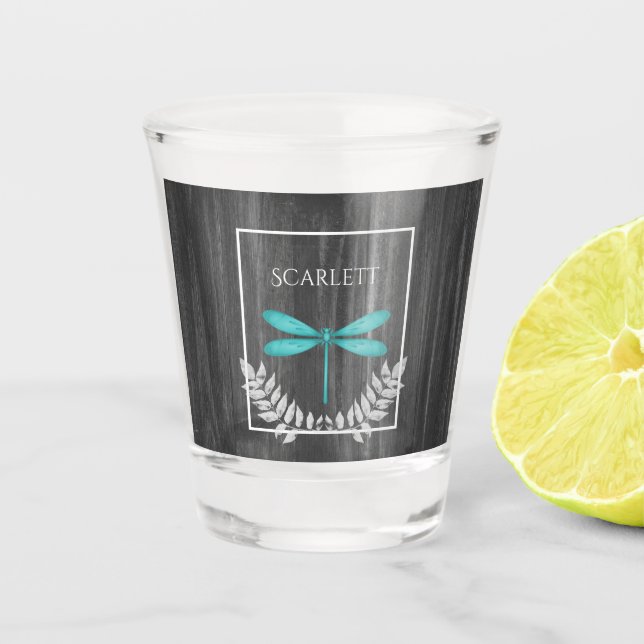 Teal Dragonfly Rustic Personalized Shot Glass (Front)