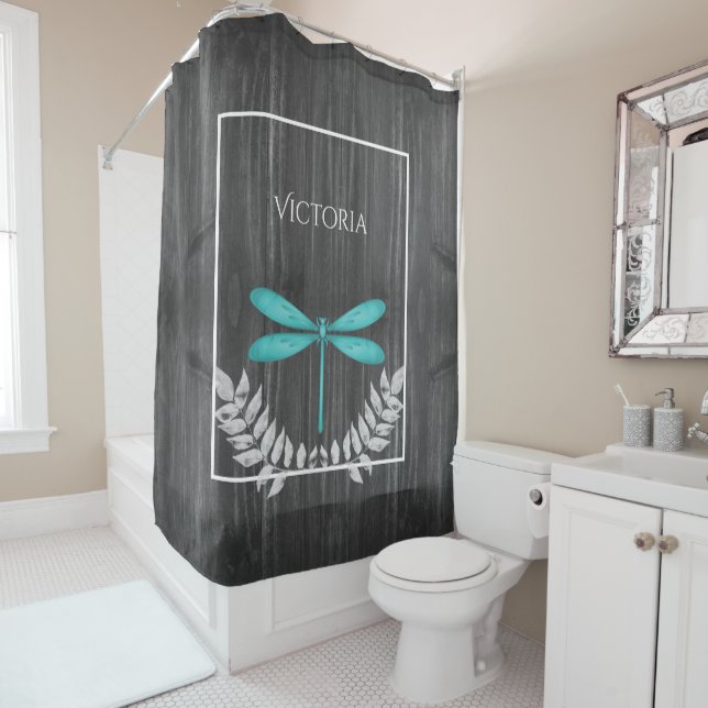 Teal Dragonfly Rustic Personalized Shower Curtain (In Situ)