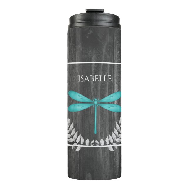 Teal Dragonfly Rustic Personalized Thermal Tumbler (Front)