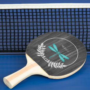 Teal Dragonfly Rustic Ping Pong Paddle