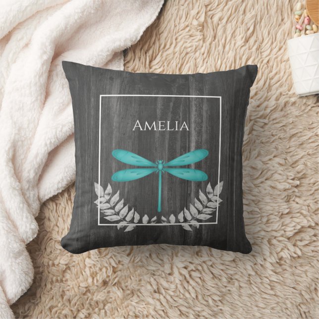 Teal Dragonfly Rustic Throw Pillow (Blanket)