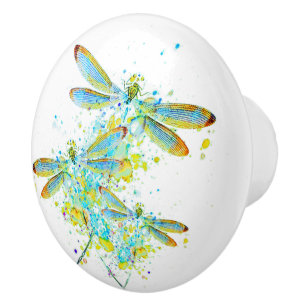 Teal Dragonfly splatter  Ceramic Knob