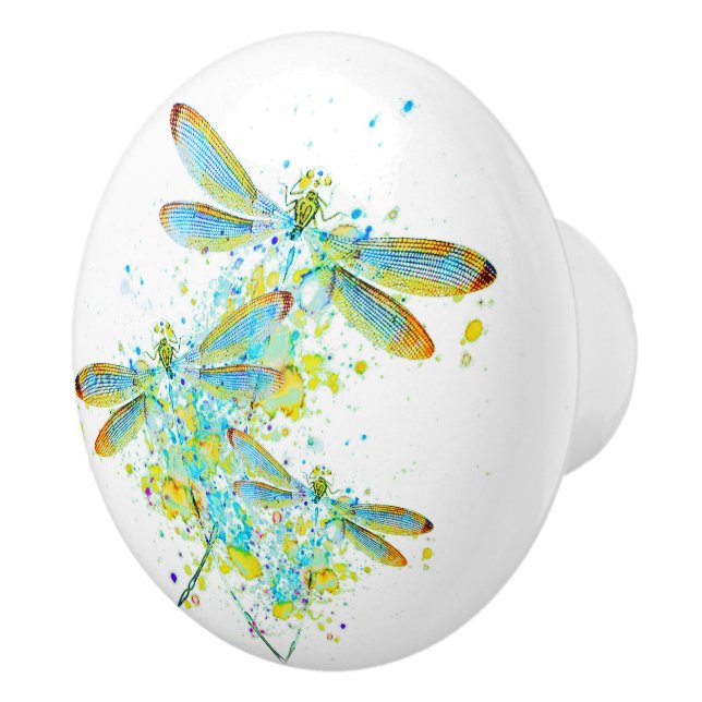 Teal Dragonfly splatter  Ceramic Knob (Right)