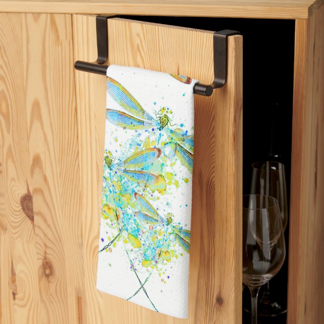 Teal Dragonfly splatter  Kitchen Towel (Thirds Fold)