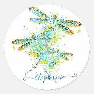 Teal Dragonfly splatter personalized  Classic Round Sticker