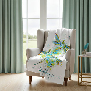 Teal Dragonfly splatter personalized  Fleece Blanket