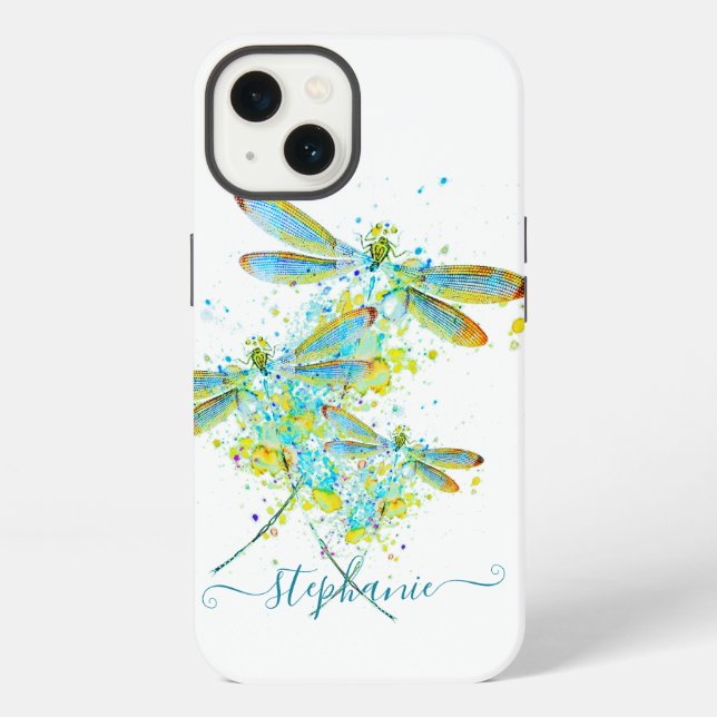 Teal Dragonfly splatter personalized  iPhone Case (Back)