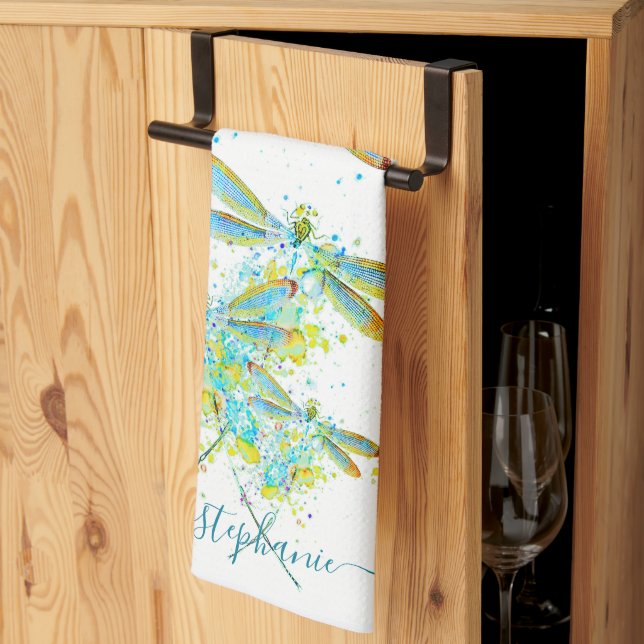 Teal Dragonfly splatter personalized  Kitchen Towel (Thirds Fold)