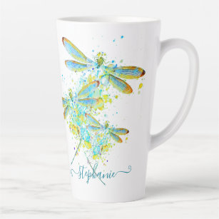 Teal Dragonfly splatter personalized  Latte Mug