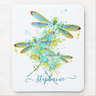 Teal Dragonfly splatter personalized  Mouse Pad