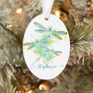 Teal Dragonfly splatter personalized  Ornament