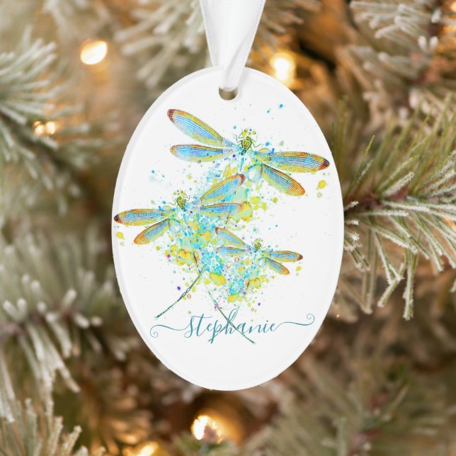 Teal Dragonfly splatter personalized  Ornament (Tree)