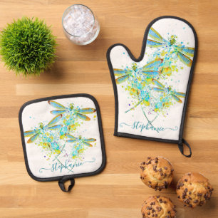Teal Dragonfly splatter personalized Oven Mitt & Pot Holder Set