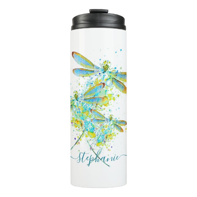 Teal Dragonfly splatter personalized  Thermal Tumbler (Front)