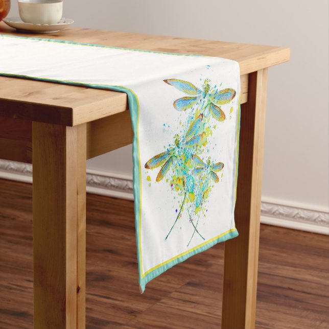 Teal Dragonfly splatter  Short Table Runner (In Situ)