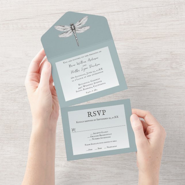 Teal Dragonfly Wedding All In One Invitation (Tearaway)