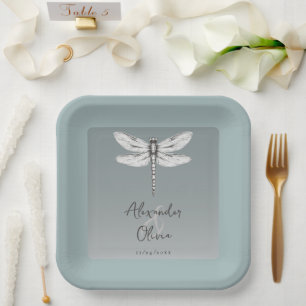 Teal Dragonfly Wedding Paper Plate