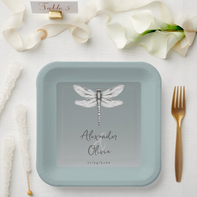 Teal Dragonfly Wedding Paper Plate (Wedding)