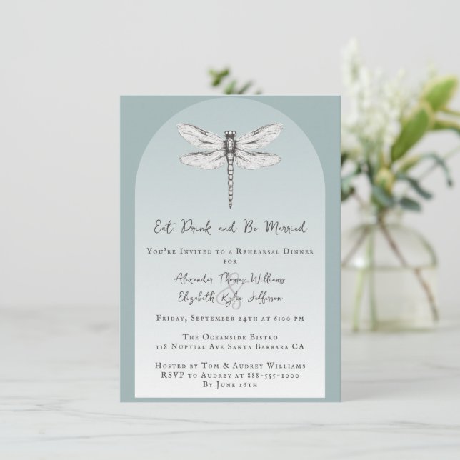 Teal Dragonfly Wedding Rehearsal Dinner Invitation (Standing Front)