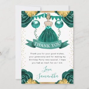 Teal Dress Blonde Haired Princess Birthday Thank You Card