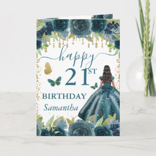 Teal Dress Dark Skin Princess Birthday Card
