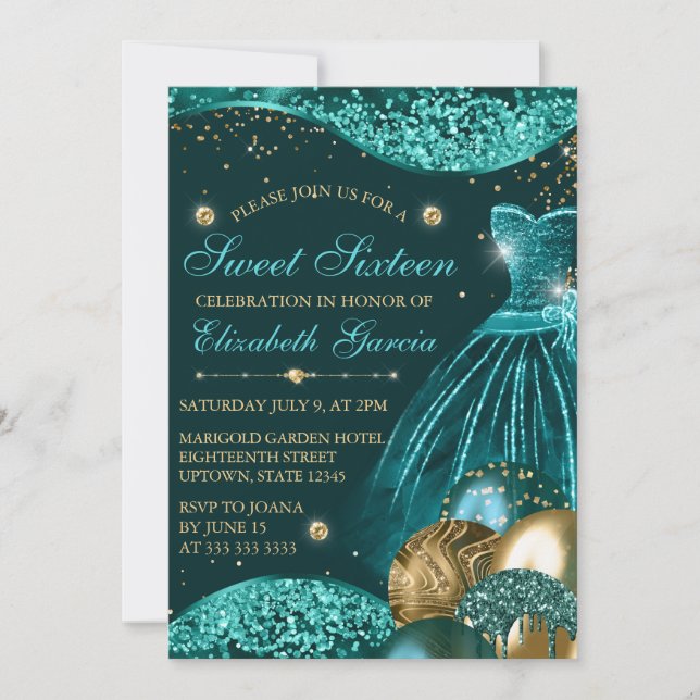Teal Dress & Gold Glitter Balloons Sweet 16 Invitation (Front)