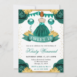 Teal Dress Red Haired Princess Sweet 16 Invitation