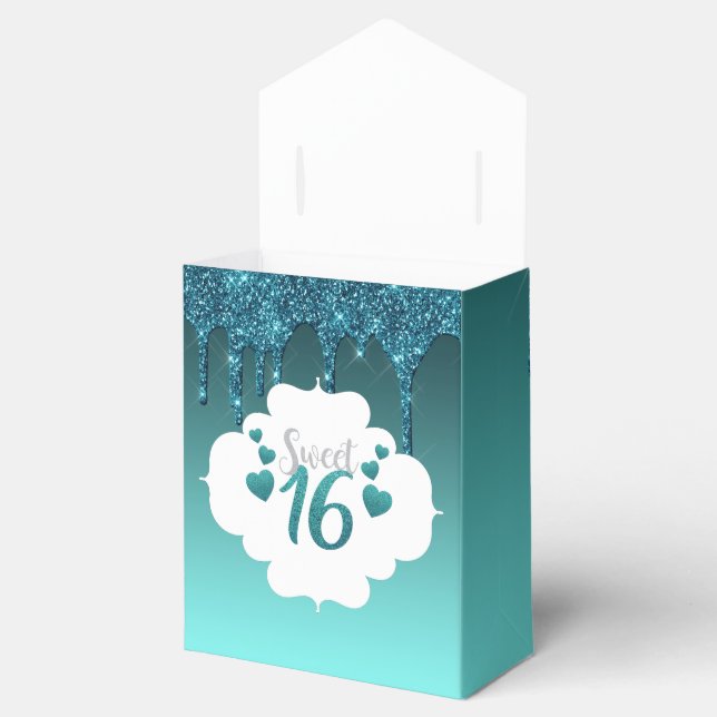 Teal Dripping Glitter Sweet 16 Favor Box (Opened)
