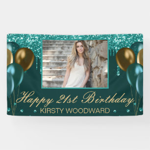 Teal Dripping Glitter with Gold Balloons Birthday Banner