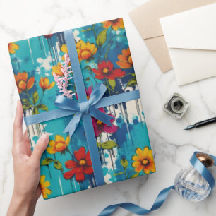 Teal Drippy Paint Edgy Floral Wrapping Paper