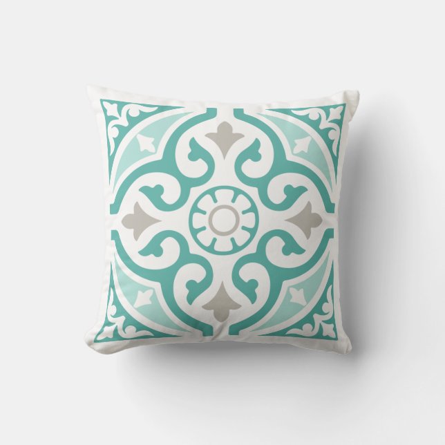 Teal Duck Egg Blue and White Moroccan Tile Throw Pillow (Front)