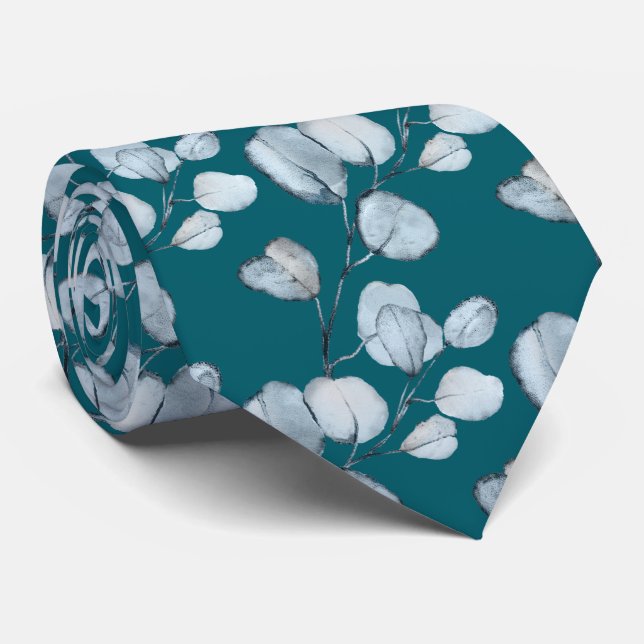 Teal Dusty Blue Eucalyptus Wedding Tie (Rolled)