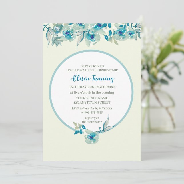 Teal Dusty Blue Rose Watercolor Bridal Shower Invitation (Standing Front)
