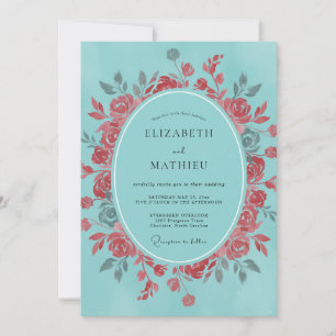 Teal Dusty Coral Wreath Wedding Invitation