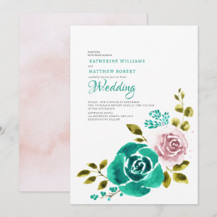 Teal Dusty Rose Blush Floral Wedding  Invitation