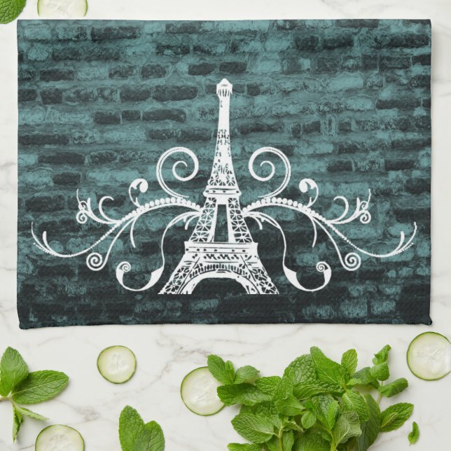 Teal Eiffel Towel Grunge Kitchen Towel (Folded)